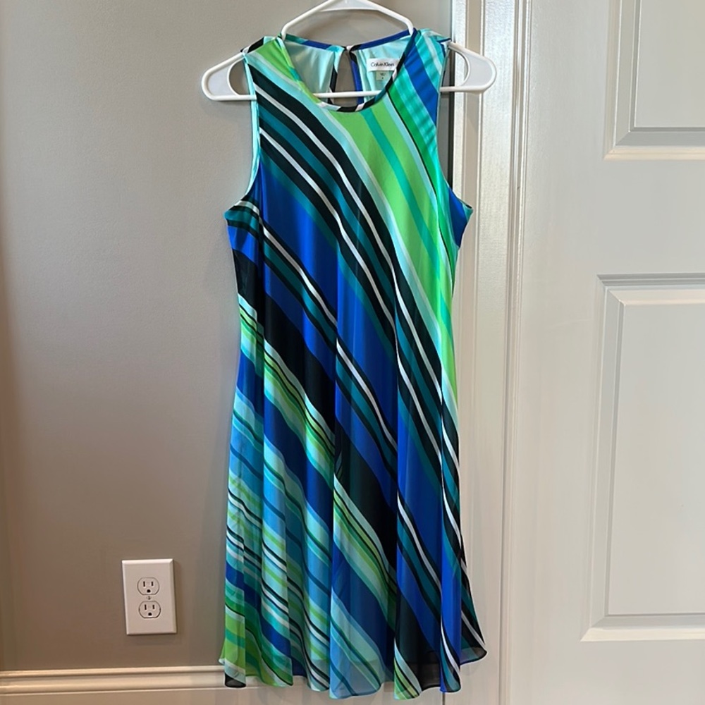 Calvin Klein Blue and Green Striped Midi Dress